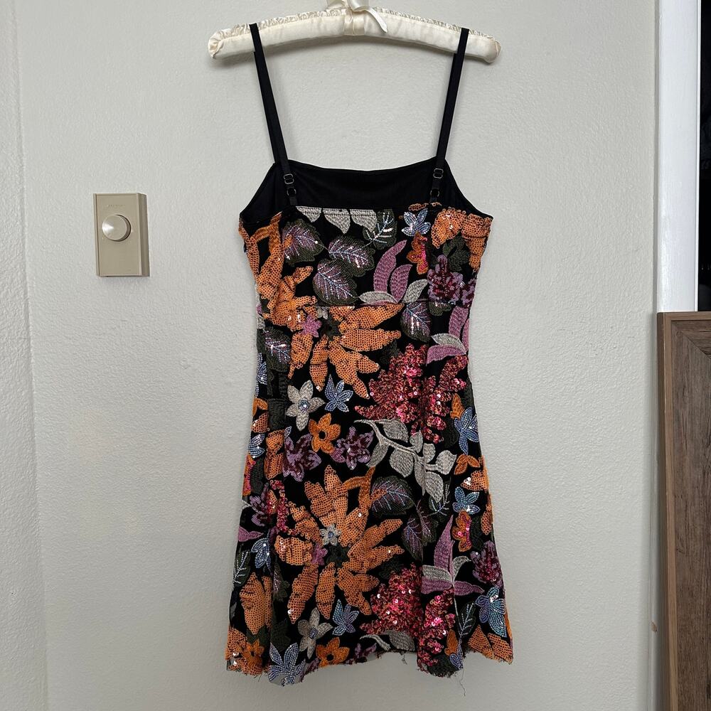 Cute Small Boutique Sequin Floral Mini Dress Sleeveless Black Orange Pink - Picture 6 of 10